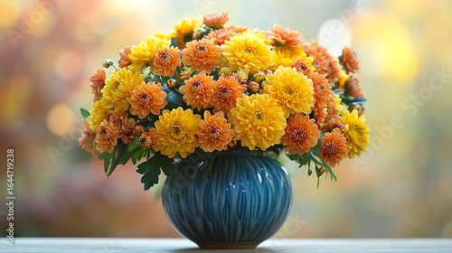 Colorful floral arrangement in decorative vase against soft background