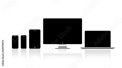 A series of electronic devices, including smartphones, tablets, a monitor, and a laptop, are displayed in a row.