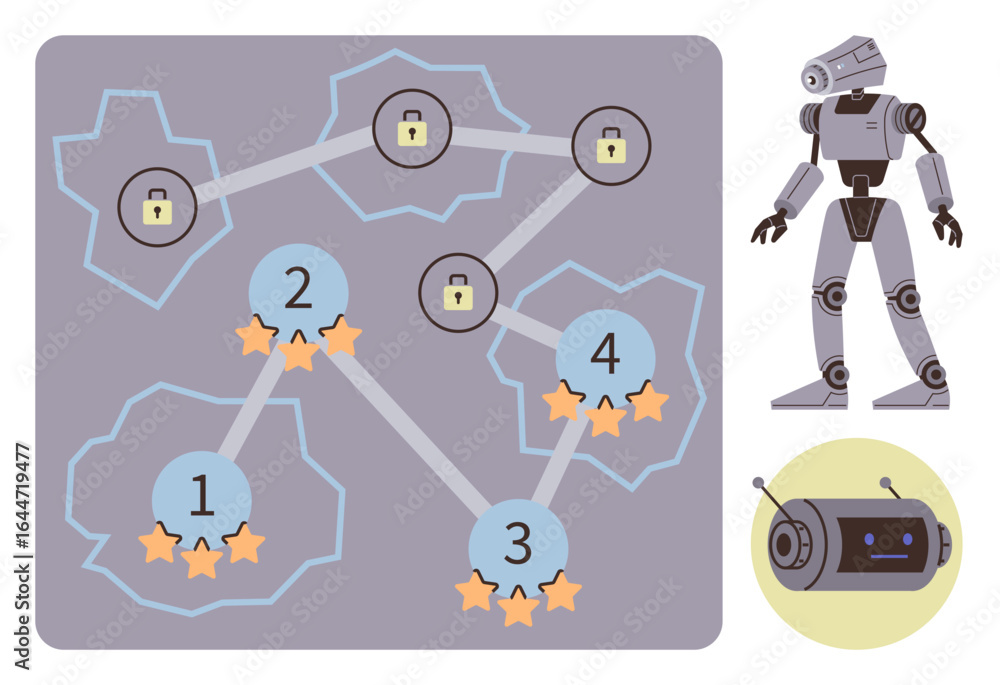 Fototapeta premium Game map featuring numbered nodes with stars, locks, interconnected paths, robot character, and a robot head. Ideal for gaming, strategy, progress technology AI learning futuristic themes. Simple