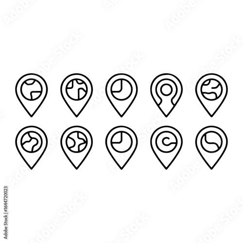 Location pin icons with global and abstract designs