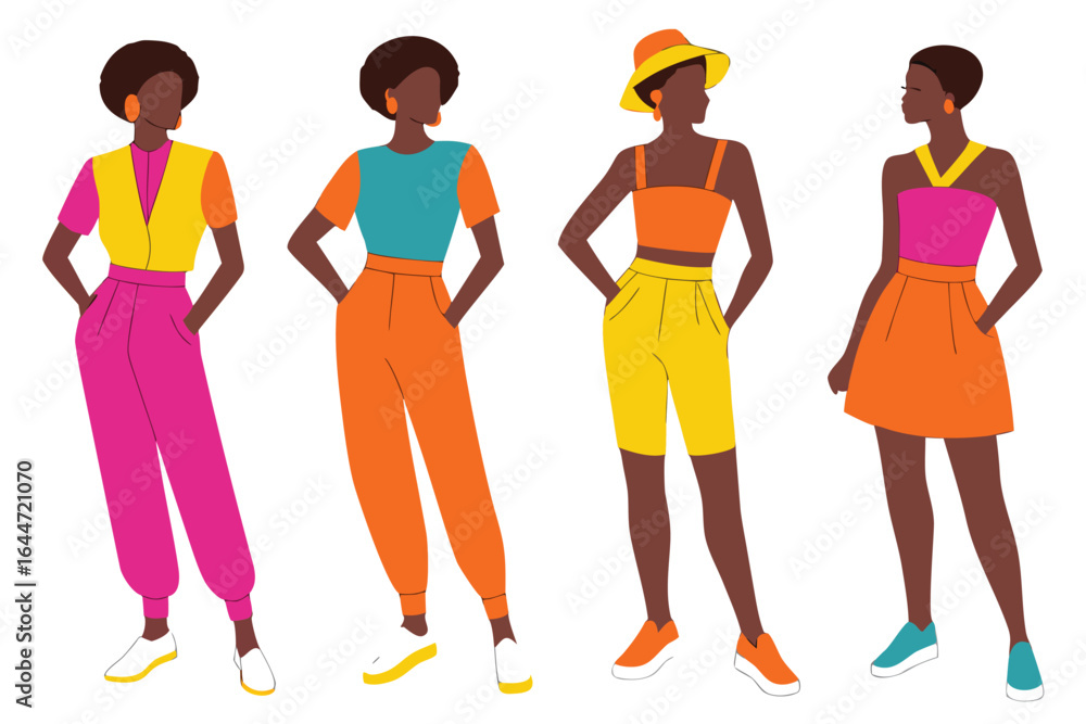 Obraz premium Four Fashionable African American Women in Vibrant Color Block Outfits, Illustration Style