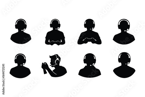 Collection of black silhouette icons of people wearing headphones and holding game controllers person
