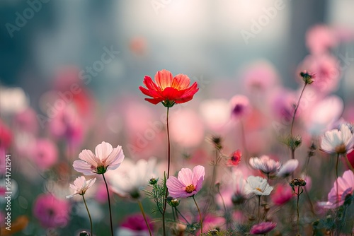 A vibrant red cosmos stands tall amidst a soft-focus field of pink and white cosmos flowers bathed in warm, gentle light