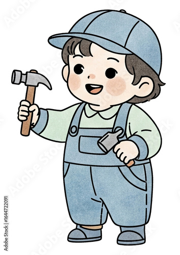 A cheerful child in blue overalls holds a hammer, embodying a playful spirit of construction and creativity.