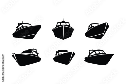 Six black silhouette motorboats shown from different angles on a white background yacht ship