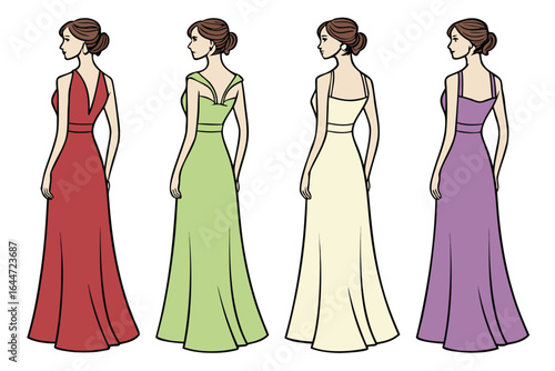 Four Women Standing in Long Elegant Dresses of Various Colors Back View Pose