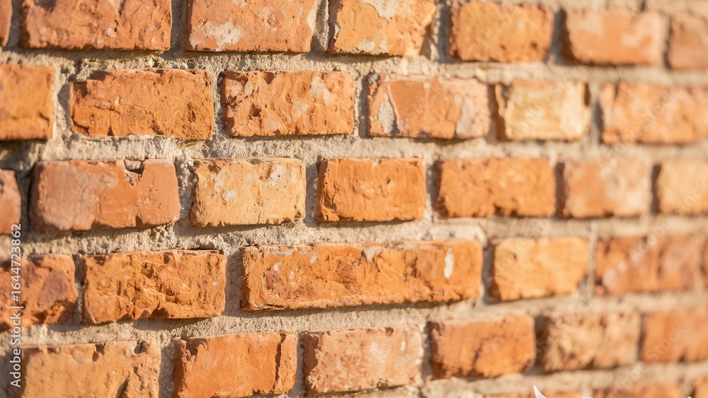 Obraz premium Close-up of a weathered brick wall, showcasing the texture and detail of the aged construction. The warm orange and red tones of the bricks contrast with the grey mortar