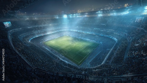 Nighttime sports stadium, filled with fans.  High-angle view of a large, modern arena, lit by stadium lights.  A grassy soccer field is center-stage, surrounded by packed spectator seating