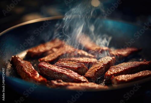 Searing beef strips in a hot pan. Steam rises
