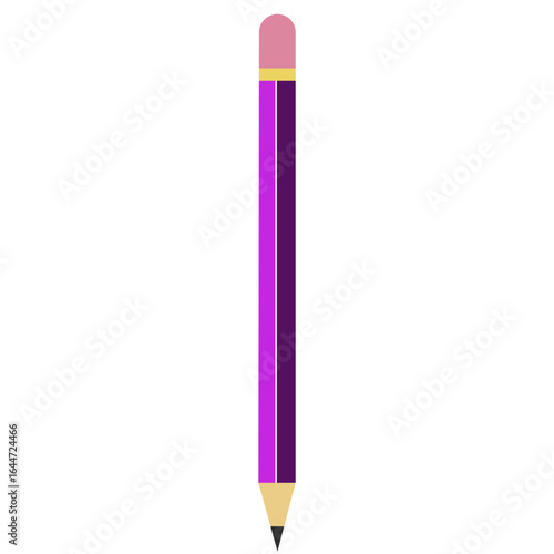 Flat vector illustration of violet pencil with pink eraser and sharpened tip, simple stationery design for school, office, and creative themes.