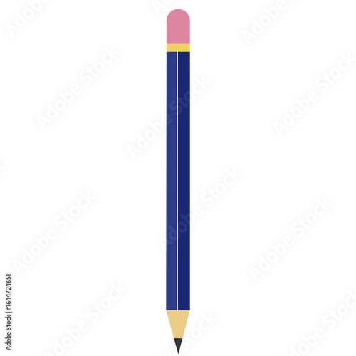Flat vector illustration of dark blue pencil with pink eraser and sharpened tip, simple stationery design for school, office, and creative work.