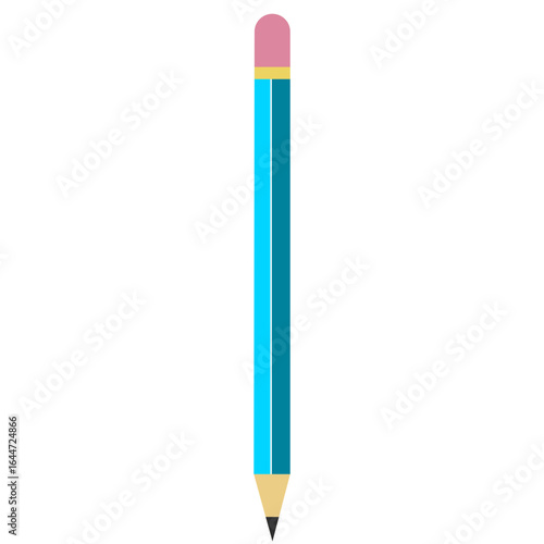 Flat vector illustration of cyan blue pencil with pink eraser and sharpened tip, simple stationery design for school, office, and creative projects.