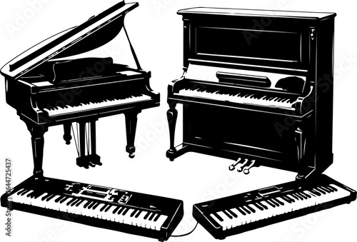 "Grand Piano and Upright Piano Silhouette Illustration" vector