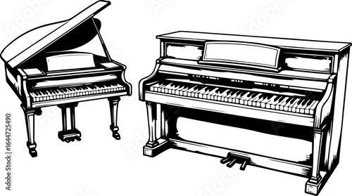"Grand Piano and Upright Piano Silhouette Illustration" vector
