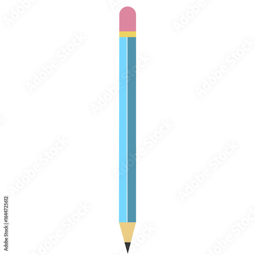 Flat vector illustration of light blue pencil with pink eraser and sharpened tip, simple stationery design for school, office, and creative use.