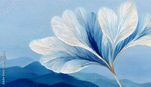 A delicate illustration of a blue and white leaf against a soft blue backdrop, evoking feelings of tranquility and natural beauty.