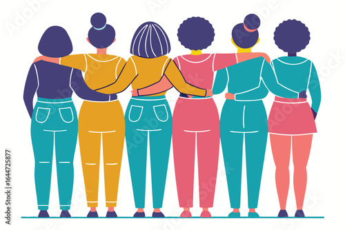 Group of Diverse Women Embracing, Showing Unity and Support from Behind View