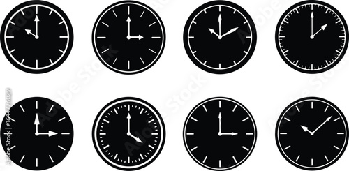 Eight Black Clock Faces With White Hands And Markings Showing Different Times watch analog