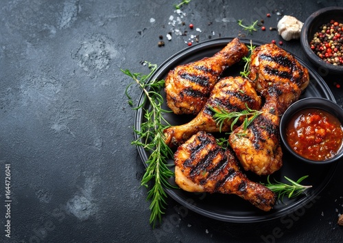 Grilled chicken drumsticks on a dark plate, garnished with rosemary, and a side of sauce, on a dark stone background