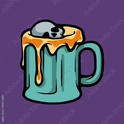 Skull coming up from a foamy drink cartoon vector illustration