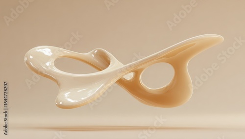 Abstract, light beige, organic, flowing form.  Smooth, 3D, floating sculpture.  Beige background