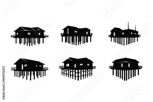 Six black silhouette stilt houses with various rooflines and support structures on white background building