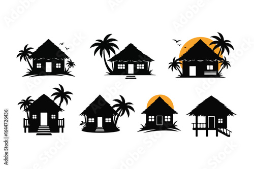Collection of tropical beach hut silhouettes with palm trees and sun vector