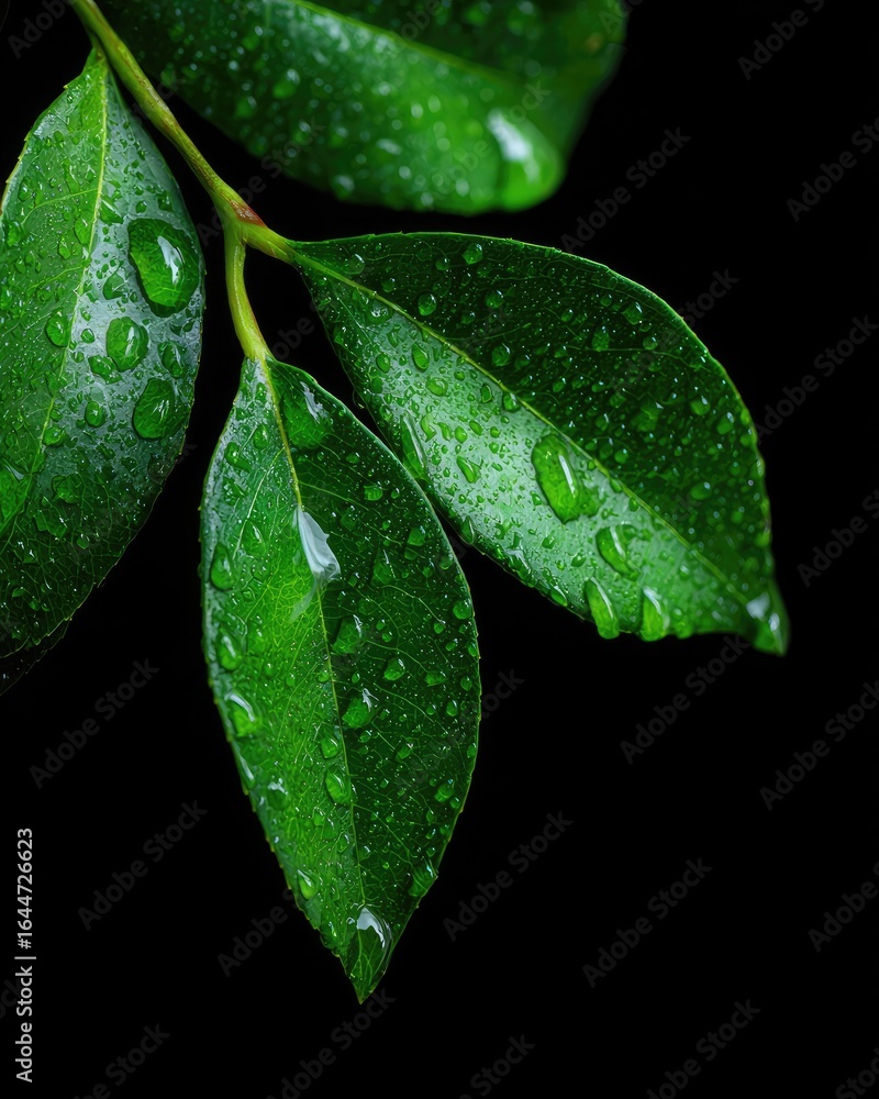 Fototapeta premium Dew-kissed, vibrant green leaves with water droplets, sharply contrasted against a deep black background