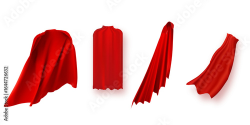 Superhero red cape in different positions, front, side and back view on white background.