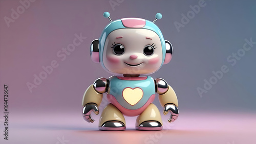 Cute cartoon style robot with blue head pink accents and a glowing heart on its chest isolated on a gradient background
