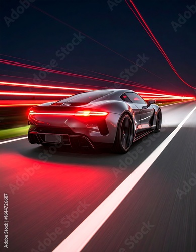 Sleek silver sports car speeding on a highway at night, with red light trails