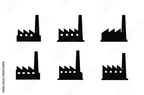Six black factory building icons arranged in two rows of three industrial silhouette