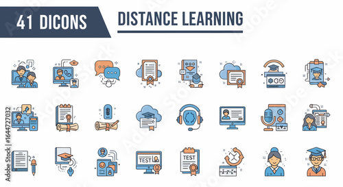 Collection of 41 simple line icons depicting various aspects of distance learning.