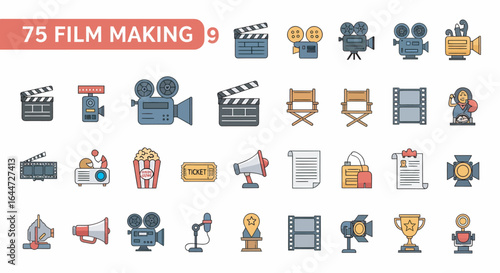 Collection of flat design icons representing various film making equipment and processes.