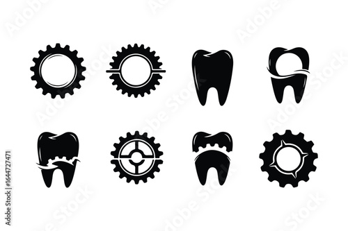 Black silhouette dental gear and tooth icons on white background cogwheel mechanical