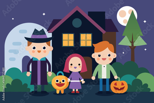 Halloween TrickorTreaters in Costume with Pumpkins in Front of House on a Moonlit Night
