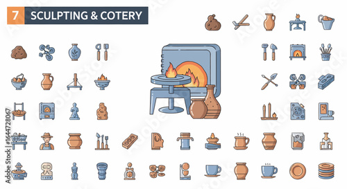 Colorful icon set illustrating pottery, sculpting, and related tools, kilns, and finished products.