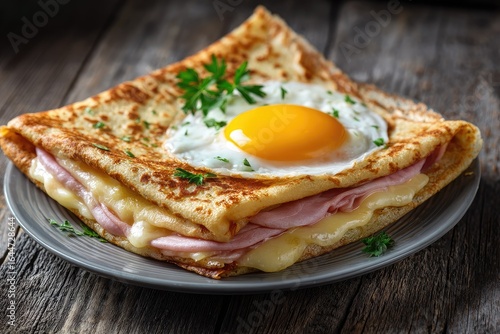 Savory crepe with ham, cheese, and fried egg