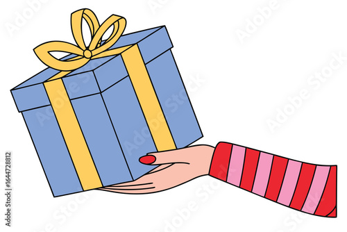 Hand Holding Light Blue Gift Box with Yellow Ribbon and Red and Pink Sleeve