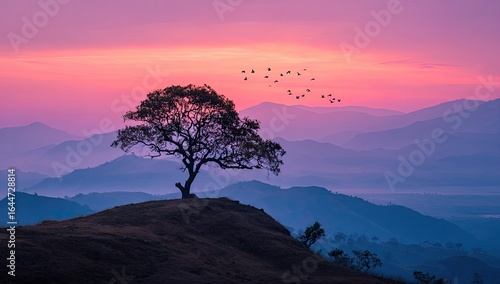Solitary tree atop a hill silhouetted against a vibrant sunset over layered, hazy mountains; a flock of birds in flight