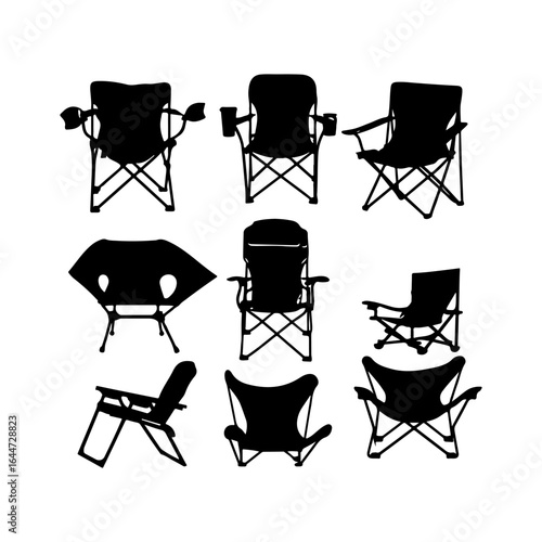 Camping Chair Black Silhouettes Isolated On White Background