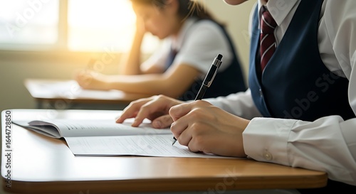Student in uniform taking exam in classroom with focus and concentration