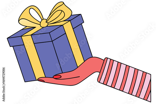 Hand Offering Purple Gift Box with Yellow Ribbon, Striped Sleeve, Festive Celebration Illustration