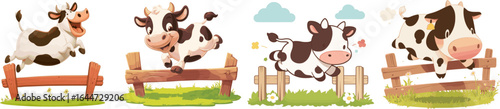 Cute cartoon cows jumping over fences vector illustration farm animals happy dairy cow graphic design art