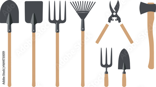 Assortment of gardening tools isolated against white backdrop