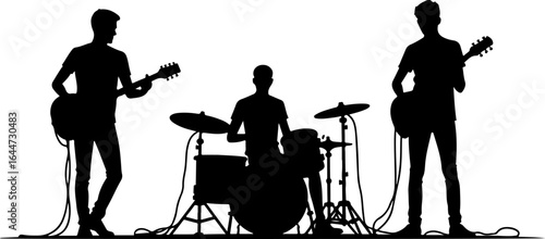 "Shadow Jam: The Rock Trio" rock band, music, silhouette, drummer, guitarist, man group vector graphics