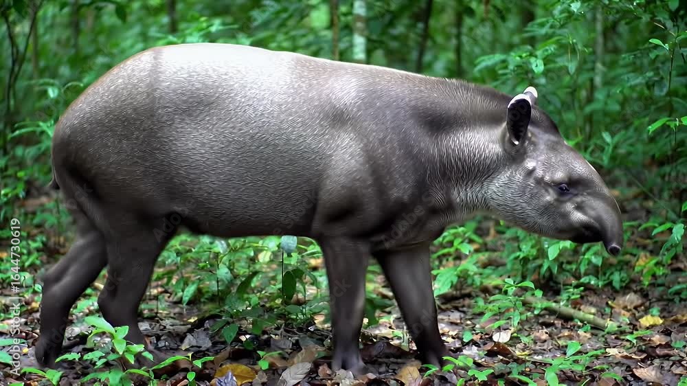 Wild Tapir Foraging in Lush Tropical Rainforest Undergrowth Wild Tapir Foraging in Lush Tropical Rainforest Undergrowth