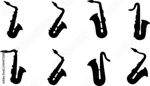"Saxophone music, silhouette, jazz, musical instrument, black and white,  vector graphics