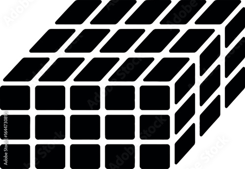 A three dimensional cube composed of smaller cubes in a grid pattern in black and white colors