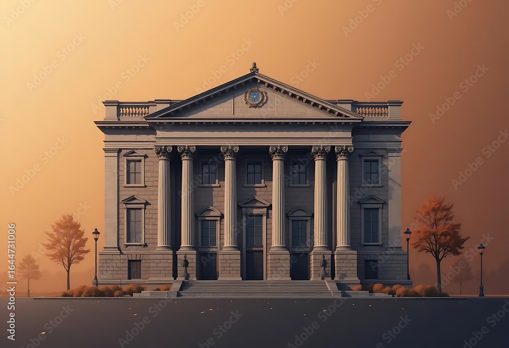 Obraz premium Minimalist illustration of a historical building in autumn colors, isolated on copper-to-golden gradient background
